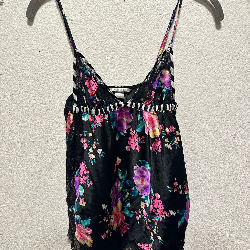 Victoria's Secret Black Floral Satin Lace-Trim Cami